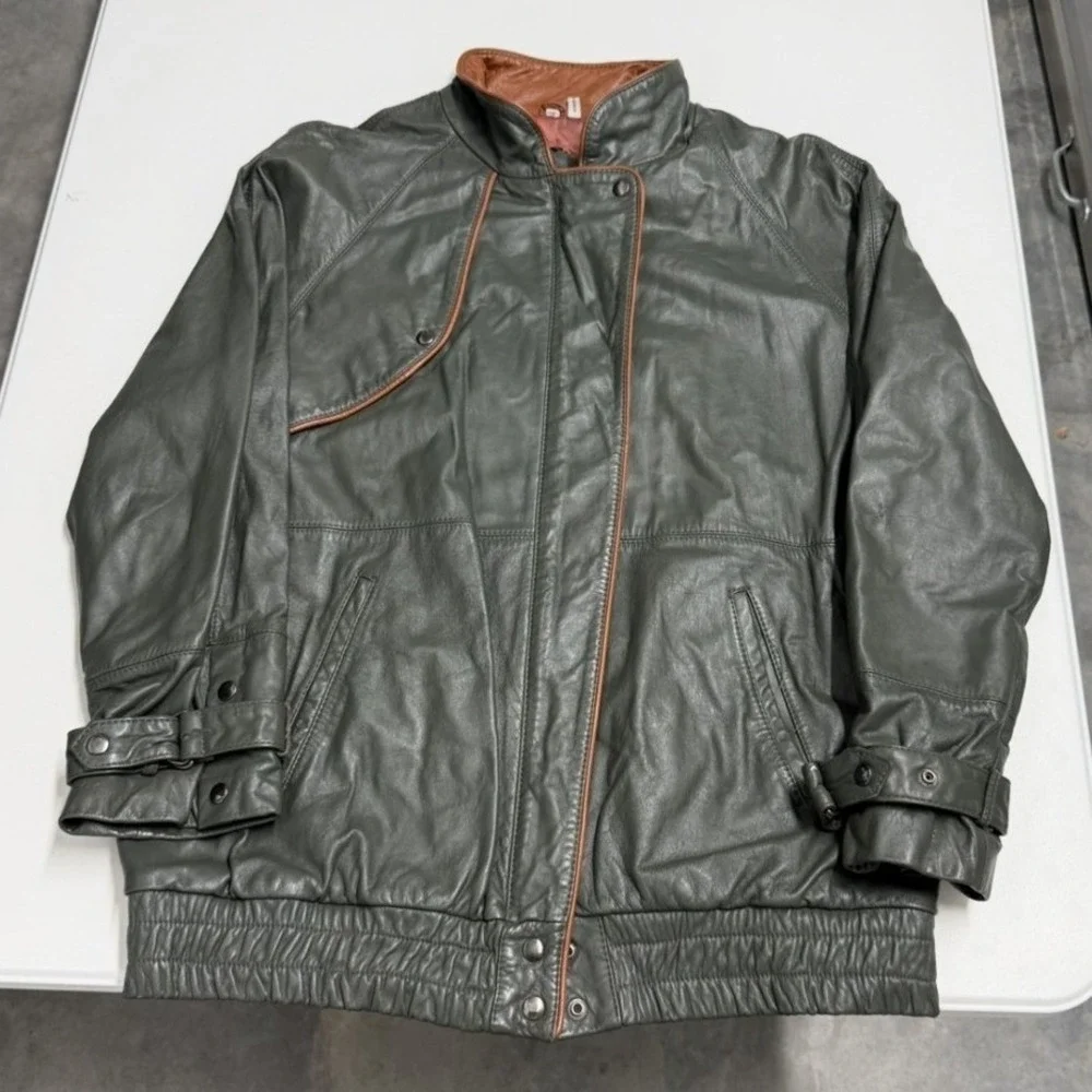 Vintage‎ Olive Green Leather Bomber Jacket Brown Trim Full Zip Mens XL